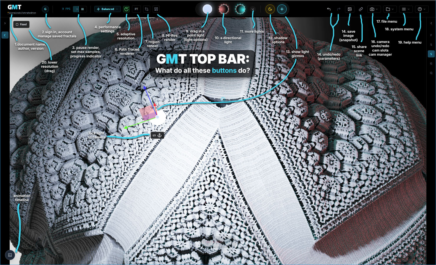 Annotated GMT top bar: document/account controls on the left, render and adaptive-resolution tools, the Light Studio orbs in the centre, then snapshot, share, camera, and the File, System, and Help menus on the right.